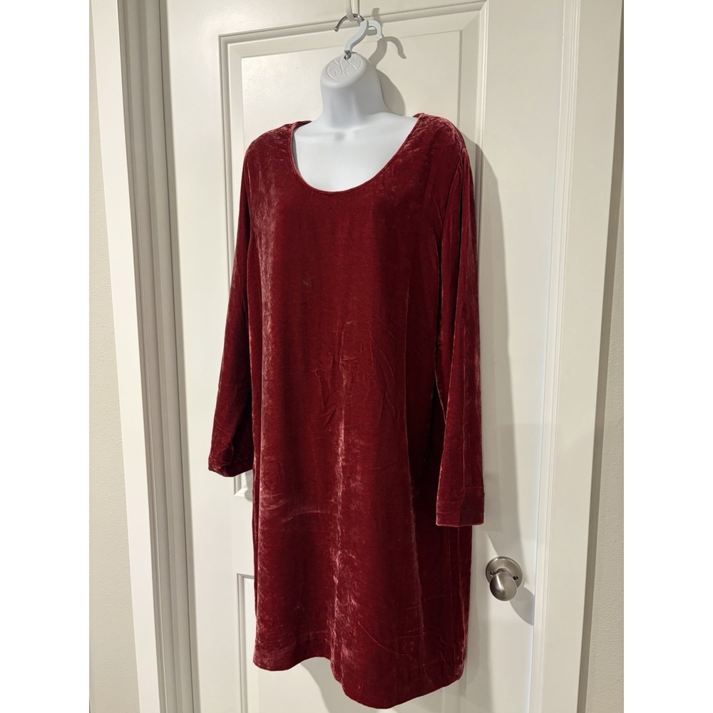 Vtg 90s J. Jill Raspberry Velvet Dress~L~Silk Bld Shift Long Slvs Glam Boho Luxe - Picture 3 of 13